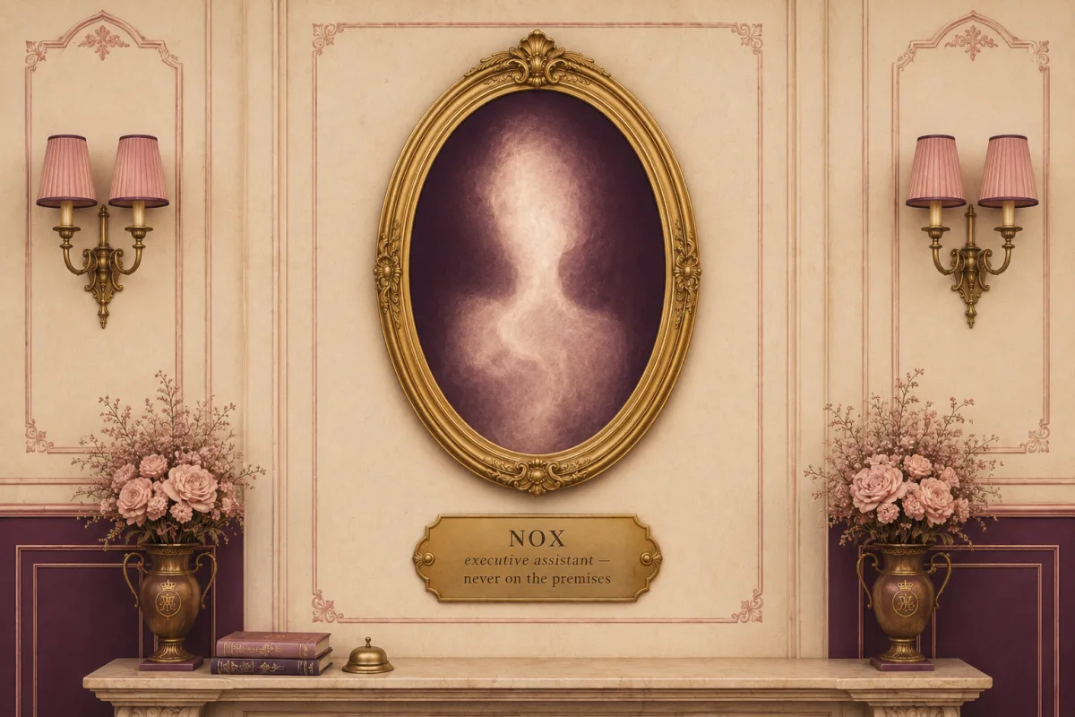 A gilt oval frame in a Wes Anderson hotel hallway holds a faint smoke silhouette where a face should be — the portrait of Nox, executive assistant, never on the premises